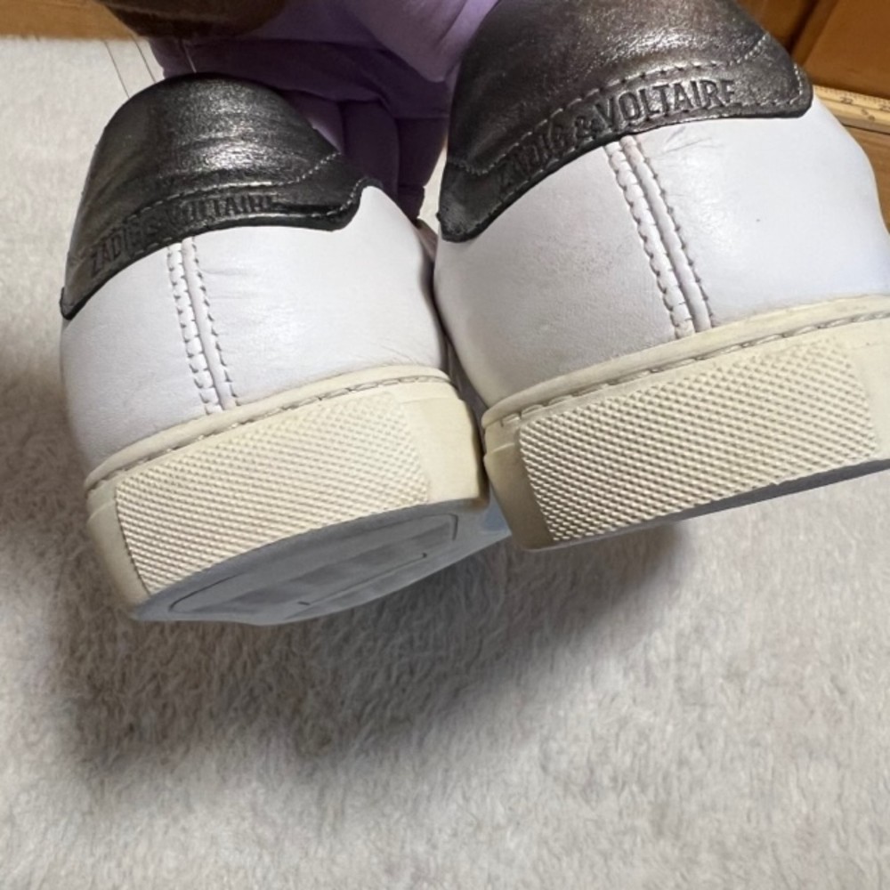 Zadig And Voltaire White&Metallic Gray Leather Sneakers Lace Up Studded Sz 8/39 - Image 5